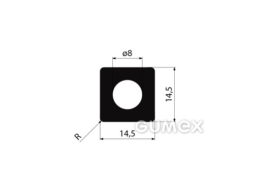 Pryžový profil čtvercový s dutinkou, 14,5x14,5mm, 50°ShA, EPDM, -40°C/+100°C, černý